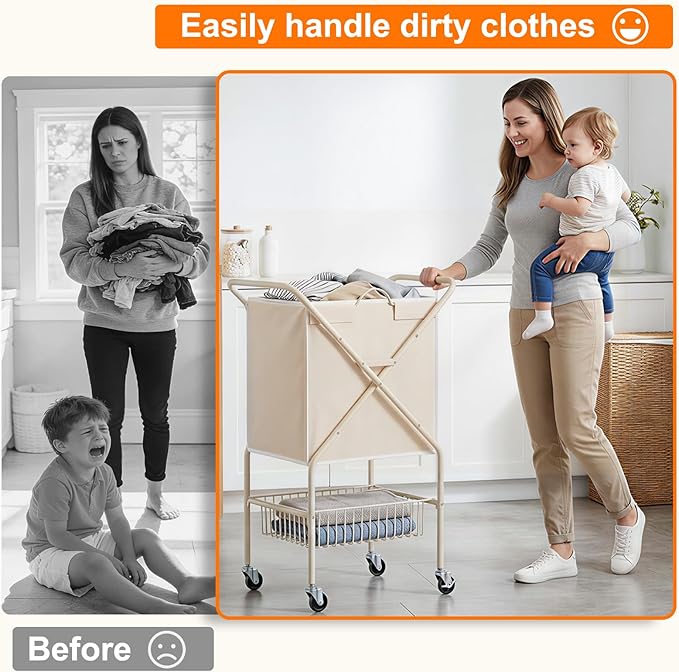 Laundry Basket with Wheels:88L Rolling Laundry Cart Foldable Metal Frame Dirty