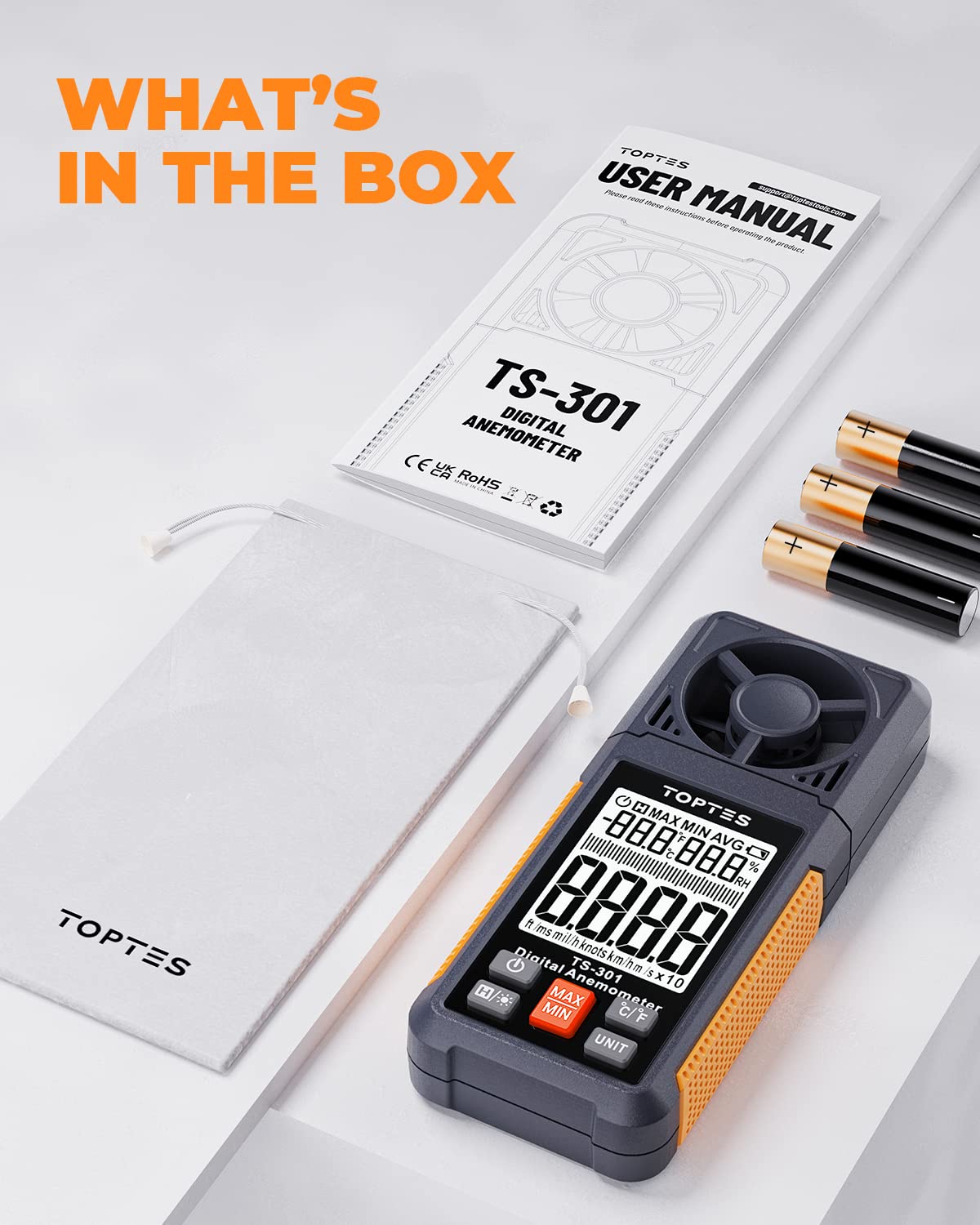 TopTes TS-301 Anemometer Wind Speed Meter, 2.26-Inch Display Wind Meter with Backlight, Max/Min/Average - Orange