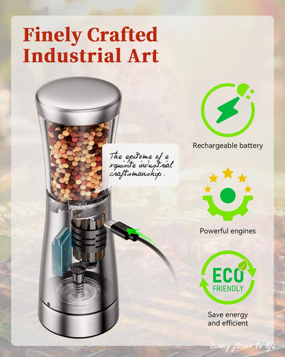 TOMEEM Electric Salt and Pepper Grinder Set with Storage Base, Stainless Steel Rechargeable Salt and Pepper Grinder Set, 4.5oz Large Capacity, 1.8" Wide Mouth, Adjustable Coarseness, Ideal for Kitchen