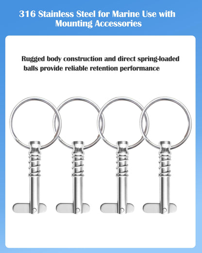 Nerites 1/4" Diameter Bimini Top Quick Release Pins 316 Stainless Steel Pin and Ring Easy to Fix and Remove Bimini Pins, Marine Hardware for Boats, Yachts, Speedboats, Motorboats, Ships (4 Pack)