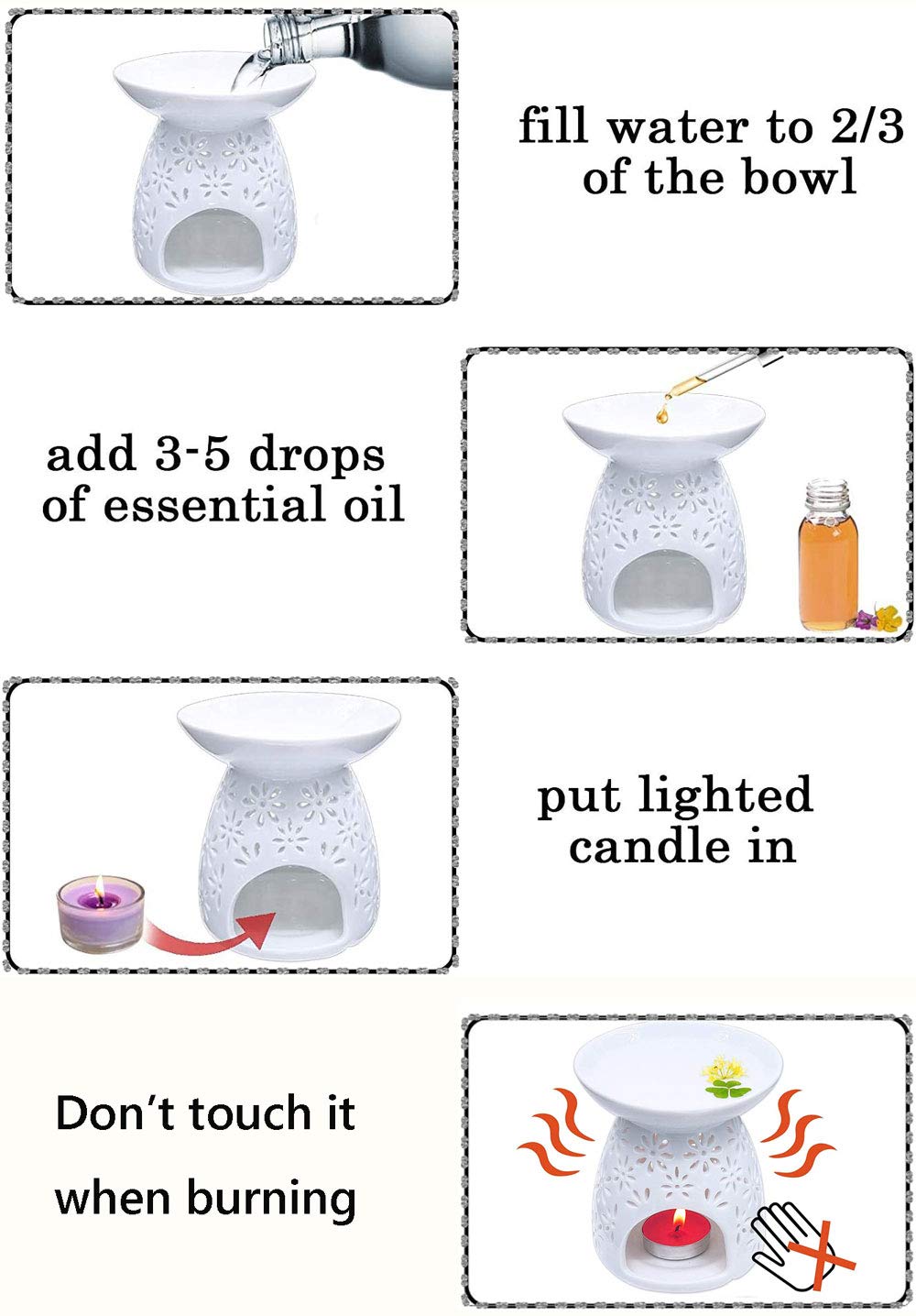 Ceramic Tea Light Holder, Aromatherapy Oil Burner, Wax Warmer, Tealight Holder with White Floral Pattern for Valentine's Day Gift