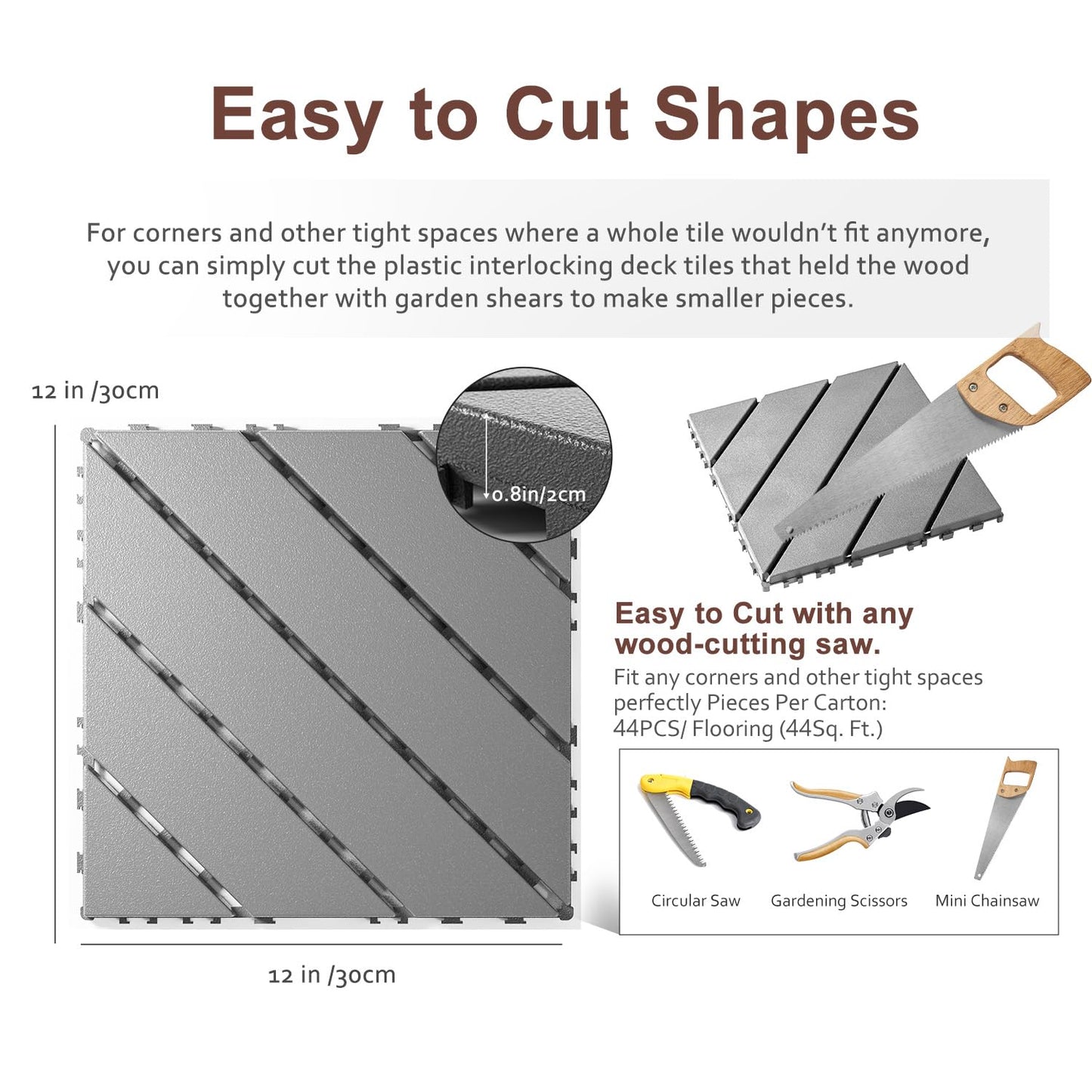 EchoDeck Interlocking Deck Tiles,44 Pack Patio Tiles Outdoor Interlocking All Weather,Patio Deck Tiles,12"x12",Diagonal,Sturdy Base,Highly Durable,Stylish,Non-Slip,Faster-Drying,Efficient,Dark Grey