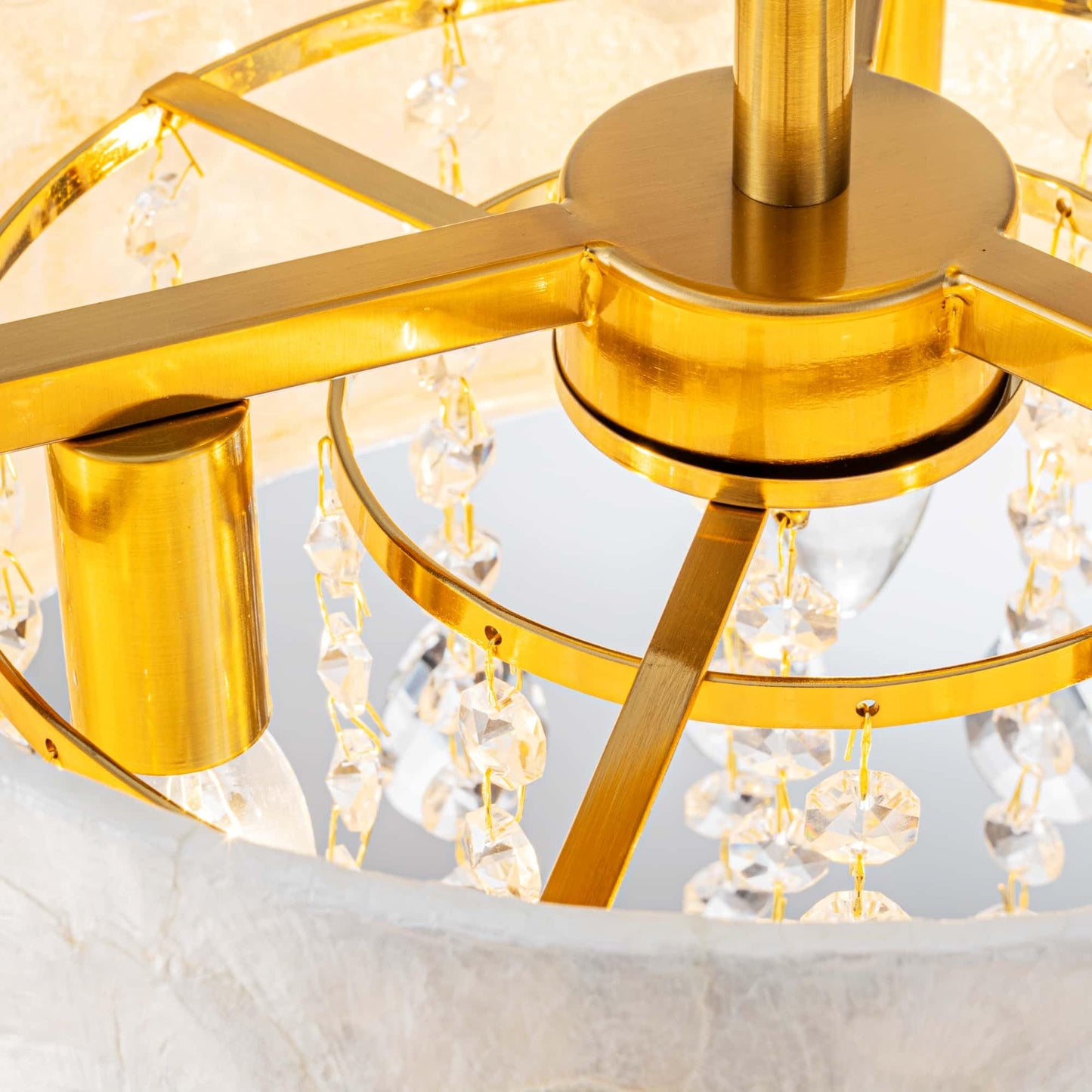 LumFurn D12in Drum Capiz Shell Crystal Ceiling Light, 3-Light Coastal Style Semi-Flushmount Light Fixture for Hallway, Entryway & Bedroom, K9 Crystal & Shell Lampshade & Gold Finish Frame
