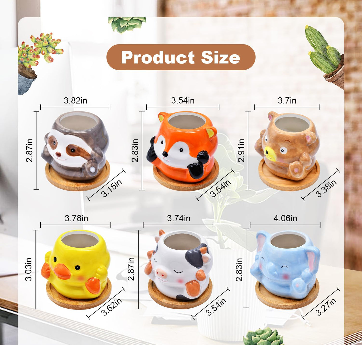 6 Pack Ceramic Succulent Pots with Drainage – Small Animal Planters with Bamboo Trays for Cactus & Indoor Plants, Mini Flower Pots for Desk, Home Decor, Office, Garden, Gift for Plant Lovers