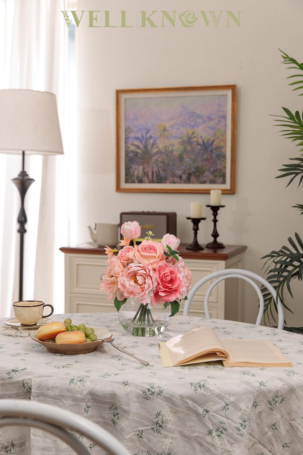 WELL KNOWN Artificial Flowers in Vase with Fake Water, Peach Pink Silk Peony Rose Tulip Spring Flower Bouquet for Home Birthday Party Wedding Dining Table Centerpieces Office Decor Mom's Gift