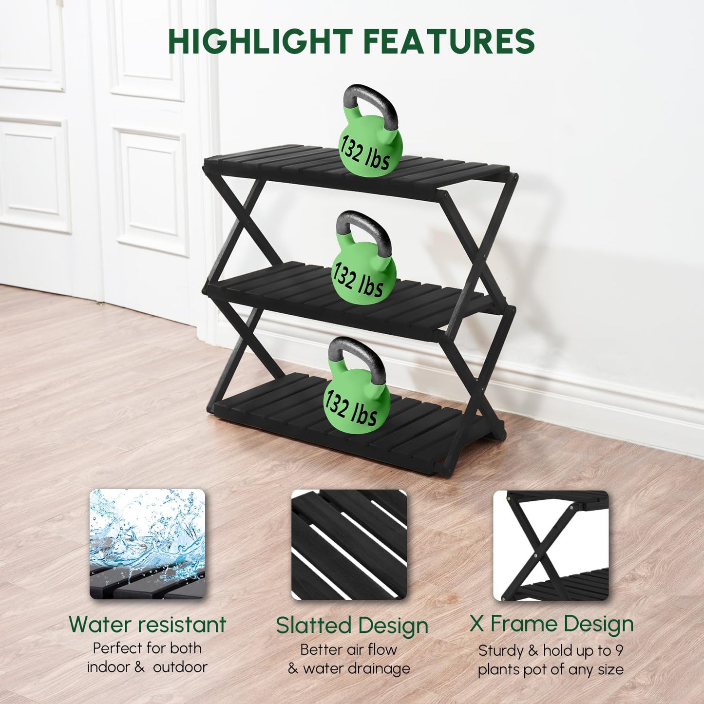 BEEFURNI Acacia Plant Stand Indoor, Wooden Outdoor Plant Stand, Foldable Plant Stand, 3 Tier Conner Space Flower Stand, Plant Ladder Stand (Black)