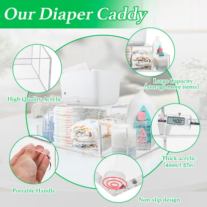NANYEZH Acrylic Diaper Caddy, Baby Wipes Organizer for Changing Table, Dresser Top Tabletop Organizer with 4 Detachable Compartments, Anti-slip Rubber Feet, Newborn Baby Essentials, Clear