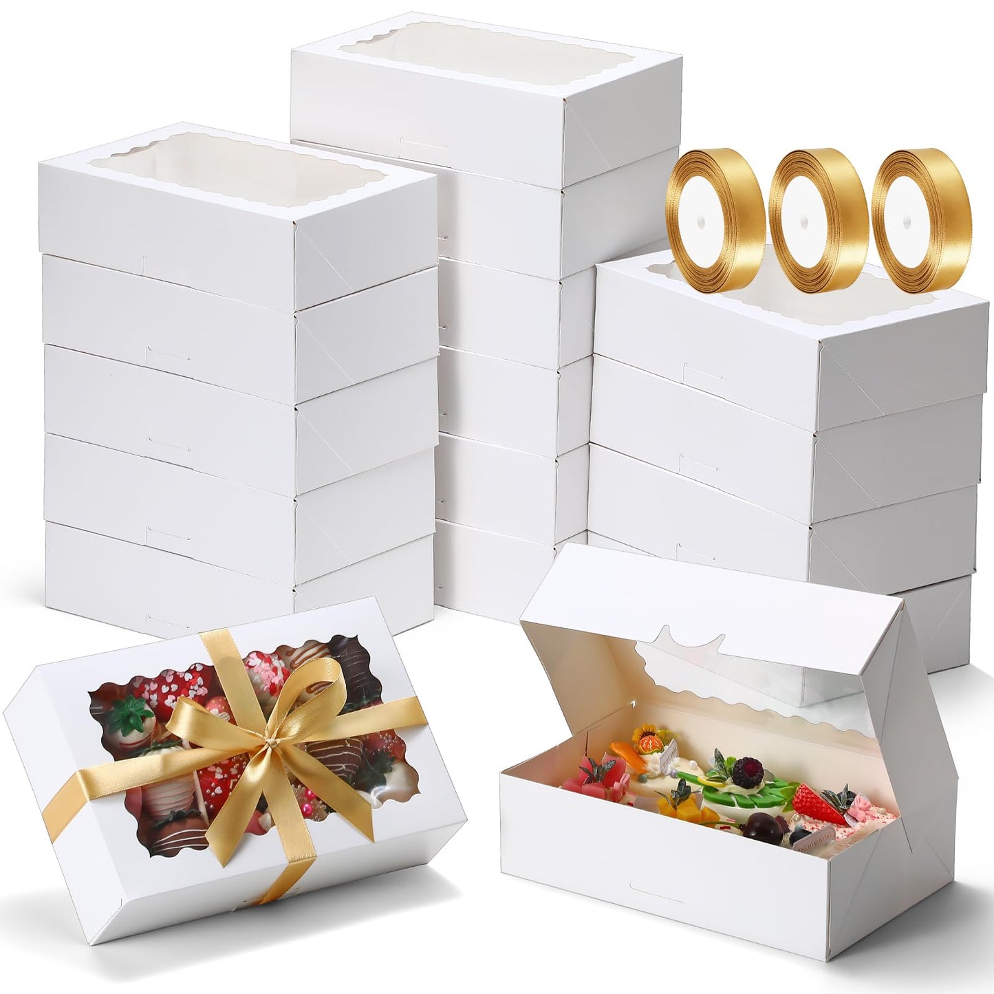 COTOPHER Auto Pop Up Cookie Box with Window 9x6x2.5 Inches – 50 Pack White Bakery Boxes with Gold Ribbon for Birthday Party Favors, Wedding, Christmas Gift Packaging for Cookies, Candy, Macarons