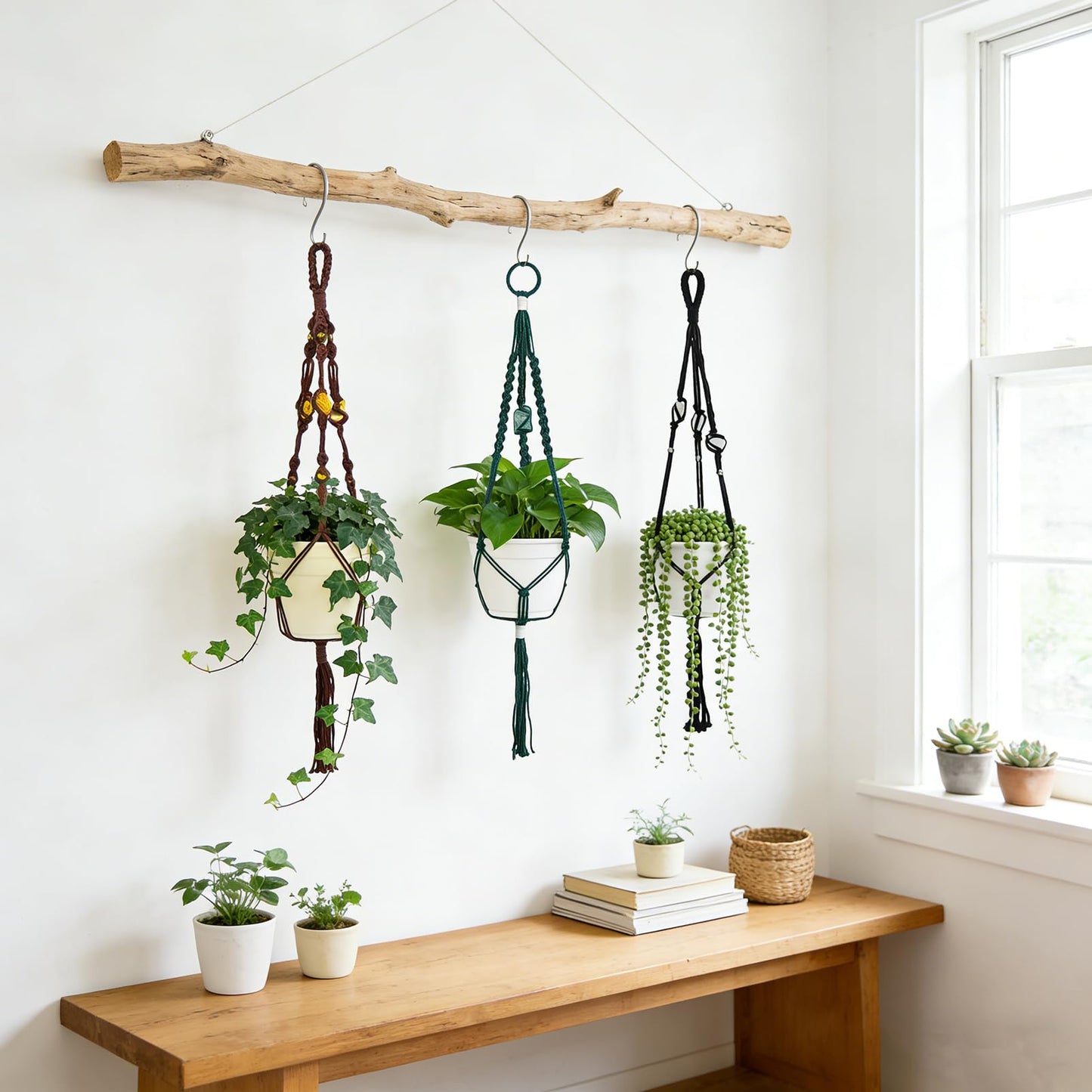 Nomylunota Macrame Plant Hanger with Boho Beads Handmade Hanging Planter Crochet Plant Holder(35.4 inches,Green & Brown & Black)