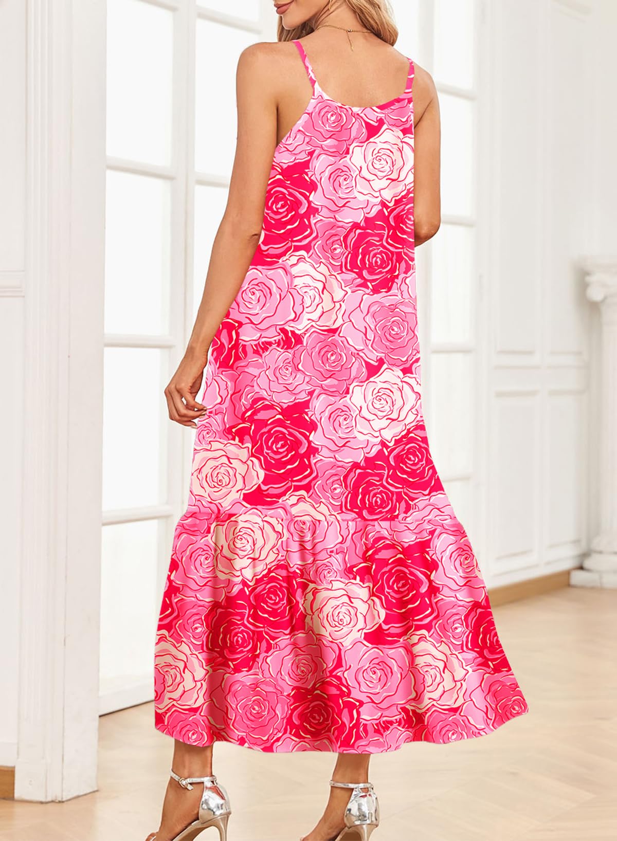 Dokotoo Women Summer Dresses 2025 Spaghetti Strap Scoop Neck Smocked Ruffle Flowy Boho Maxi Dress