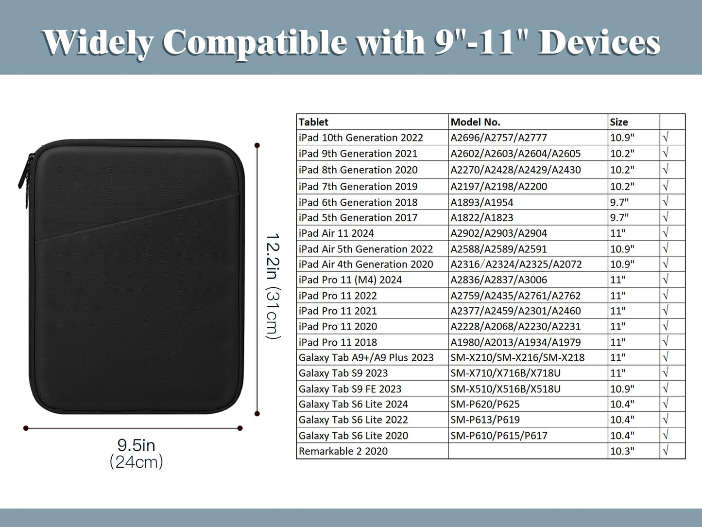 TiMOVO 9-11" Tablet Sleeve for iPad 11-inch A16 2025, iPad 10.9"/10.2", Galaxy Tab A9 Plus 11", Protective Bag with Pocket, Black