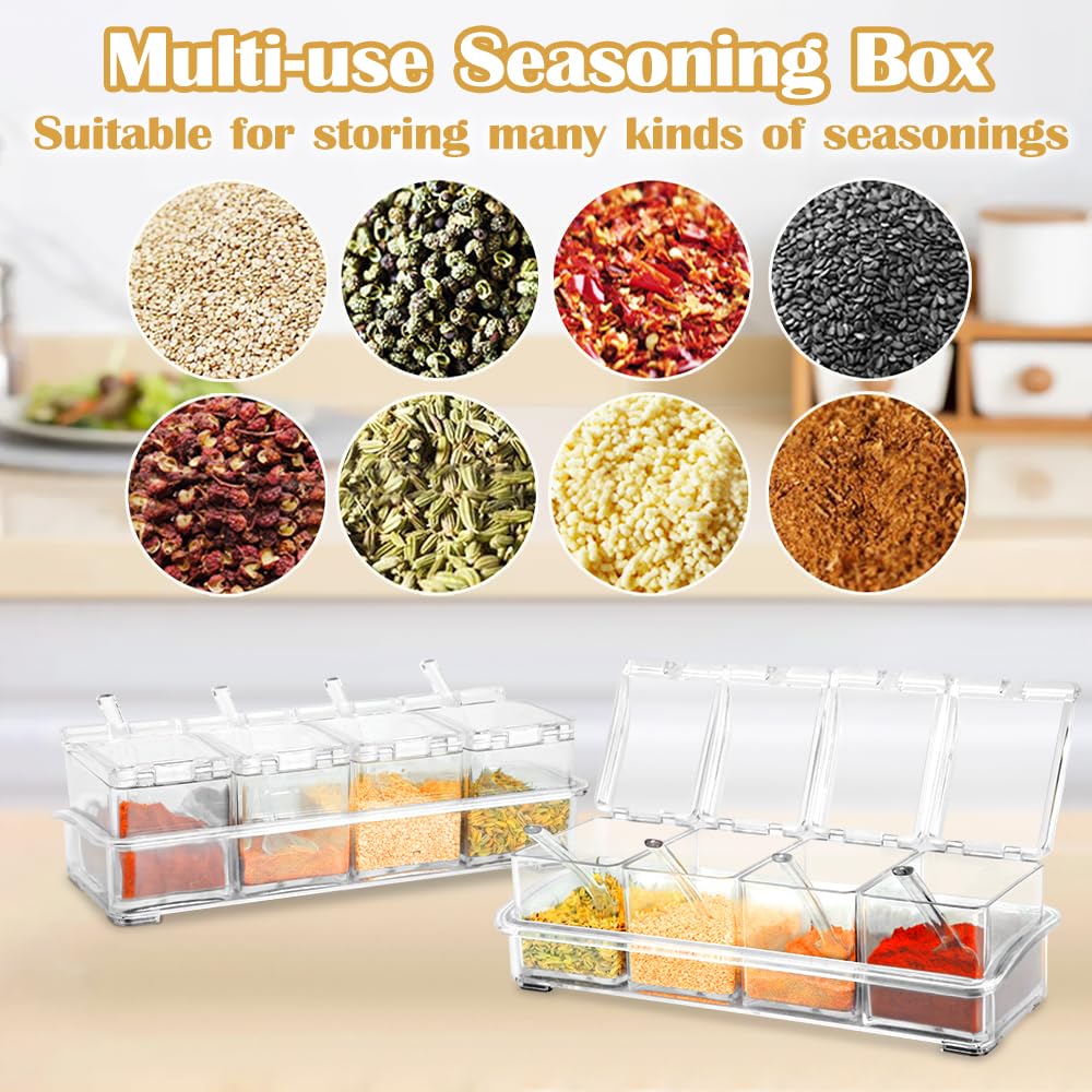 SHAIDOJIO Clear Seasoning Box, 8 Pcs Spice Storage Pots Condiment Container Boxes with Lids and Spoons, Seasoning Rack Spice Jar, Kitchen Seasoning Organizer for Salt, Sugar, Cocoa, Ice Cream Toppings