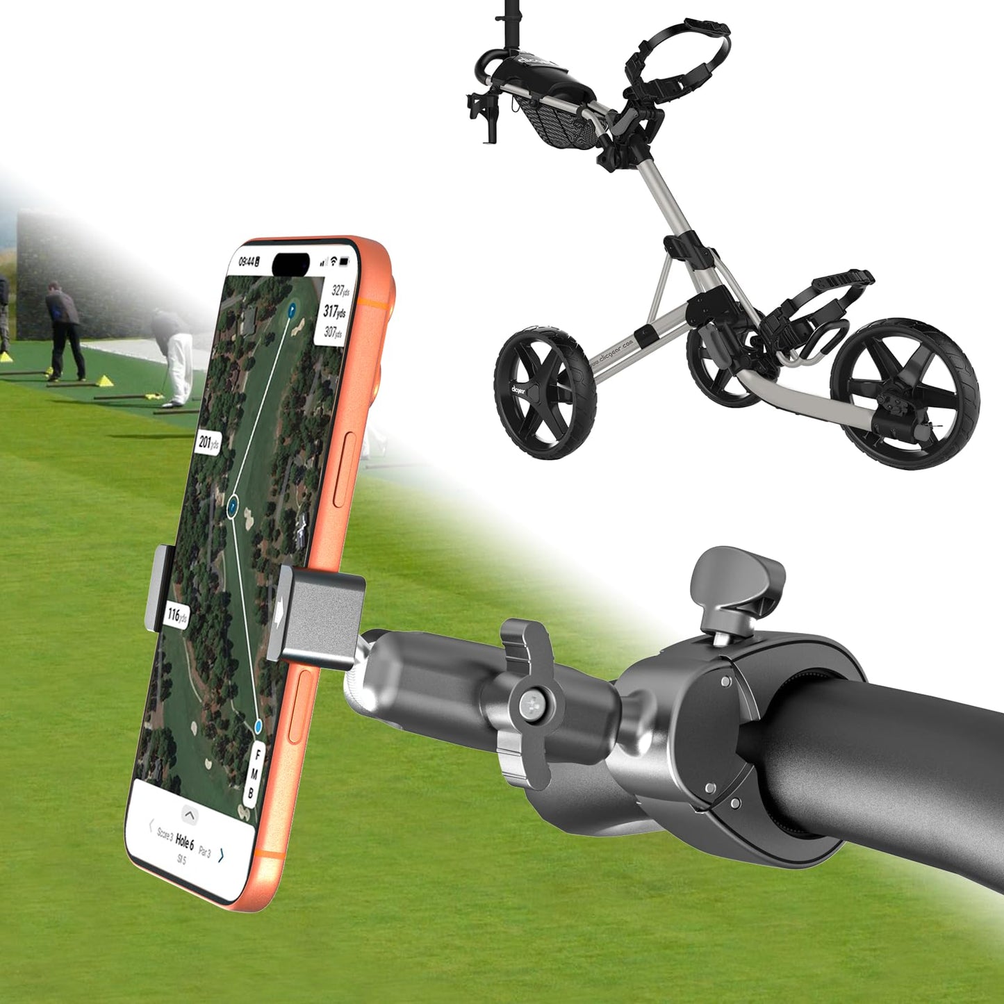 Charchendo [No-Shake] Golf Push Cart Phone Holder - Wide 0.7" Deep Clamp for Thick Case Smartphones - Mounts to 0.7"-1.78" Handlebars - Fits 4-7" Cell Phones for Clicgear, Sun Mountain, Caddytek