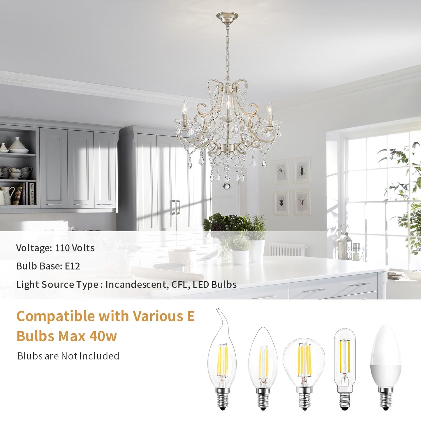 Crystal Chandelier, 5-Light Modern Chandelier for Dining Room Light Fixture, Nickel Finish Pendant Ceiling Light Fixture, Modern Candle Chandelier for Living Room Kitchen Island Entryway Bedroom