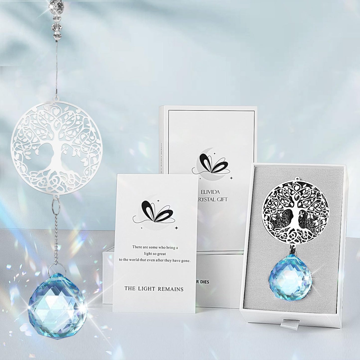 Elivida Modern Sympathy Grief Gift for Loss of Loved Ones, Memorial Suncatcher, Crystal Bereavement Gift Idea, Tree of Life Design Rainbow Maker for Miscarriage, Remembrance, Blue