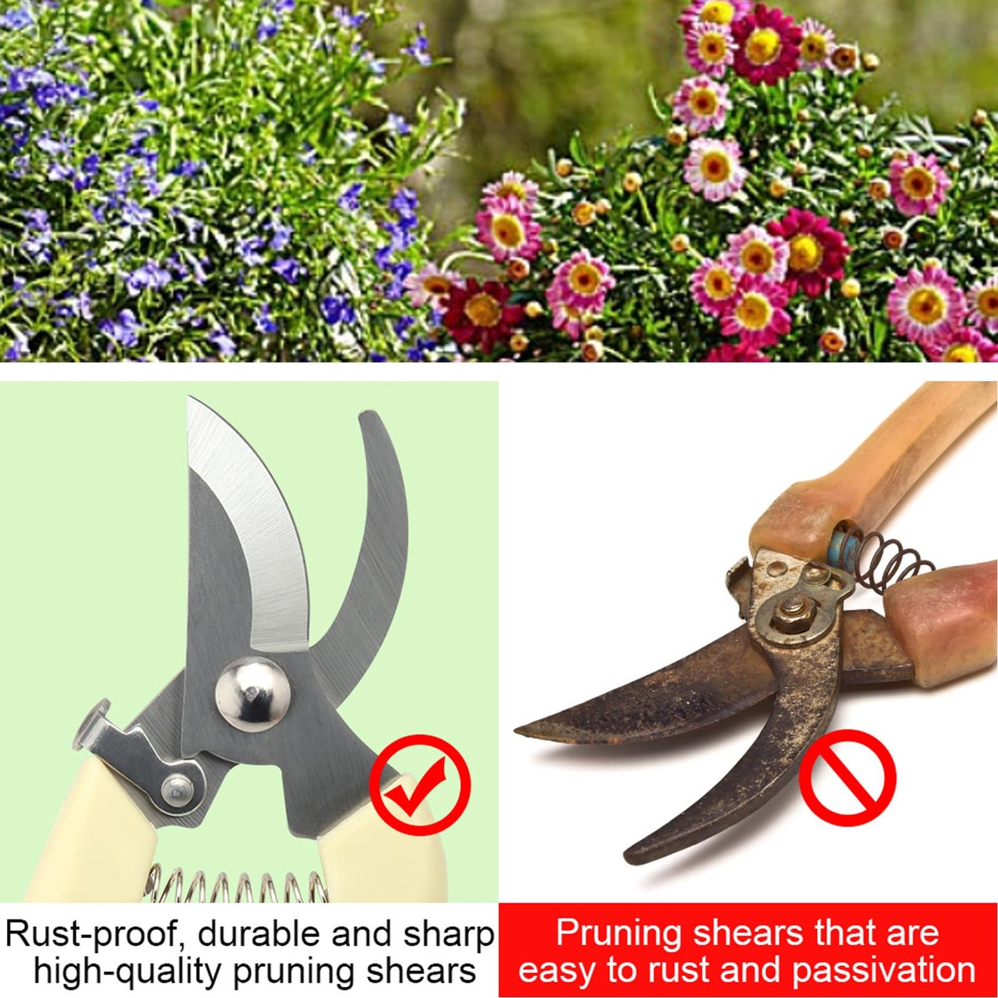 6PCS Premium garden shears, pruning scissors gardening tools, pruners for flower, bushes, rose and fruit tree, use for florist, yard and orchard the plant clippers, sharp steel anvil snips (white, 6)