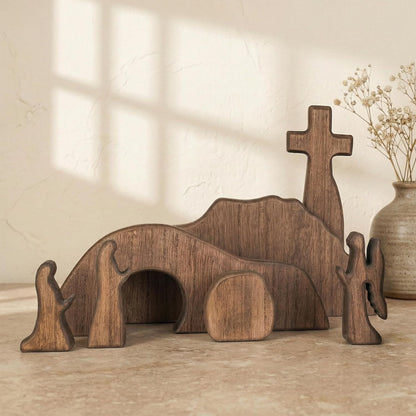 NEROSUN Empty Tomb Easter Scene and Cross Decoration, Wooden Jesus Resurrection Nativity Set, Religious Christian Tabletop Decor for Home Office Christian