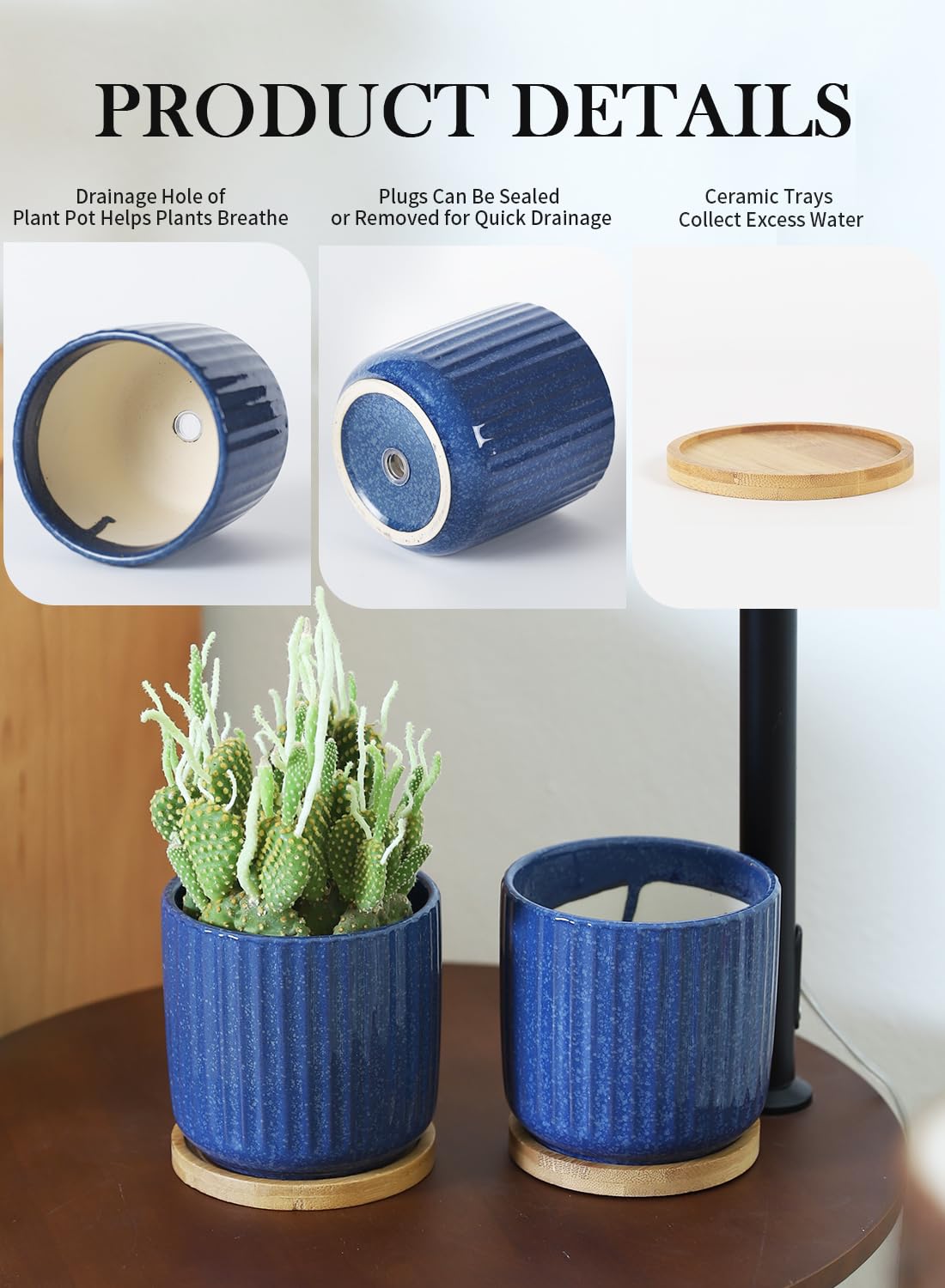 BABALIU 4 Inch Ceramic Plant Pots with Saucer & Drainage Hole, Cylinder Reactive Glaze Blue Vertical Stripes Planters with Trays for Herbs, Cactus, Flower, Small Snake Plants, Succulents, Set of 4