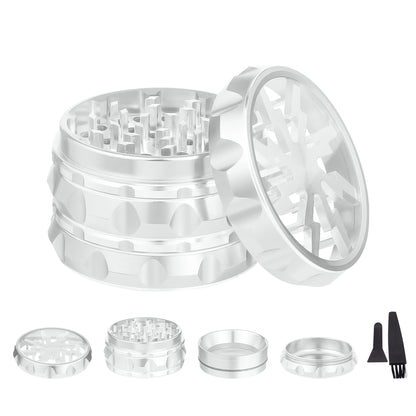 TIRIRS 2.5" 4 Pieces Clear Top Herb Grinder - Aluminium Spice Grinder with Pollen Scraper and Cleaning Brush - Silver.