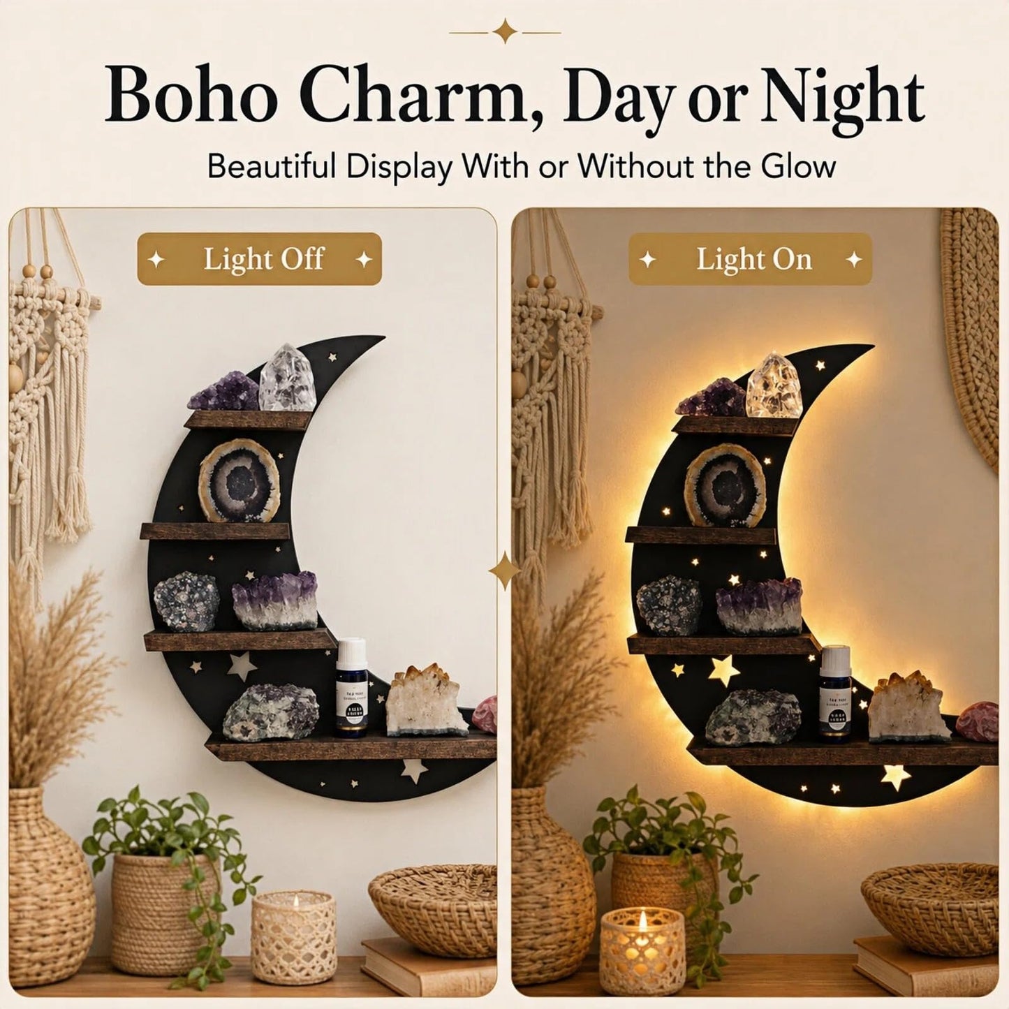 HBSGS Crystal Display Shelf with LED Light, Crescent Moon Wall Shelf for Crystals, Gothic Witchy Room Decor, Wooden Shelf for Essential Oils, Trinkets & Gifts(Moon-38.5 * 36.5cm/15 * 14.4inch)