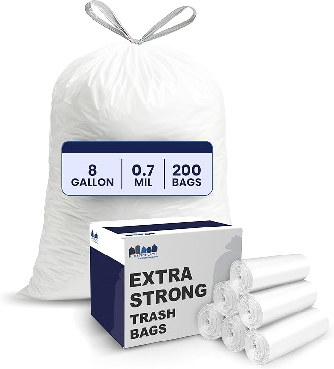 Plasticplace 8 Gallon Trash Bags -White Drawstring Garbage Can Liners