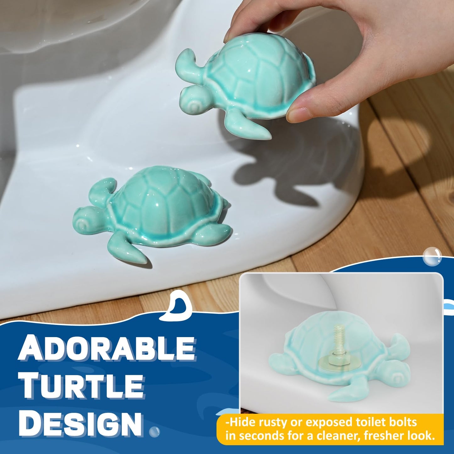 NEEXAN 2 Blue Ceramic Turtle Toilet Bolt Covers Decorative with 4 Universal Toilet Screw Cover Caps, Easy-Install Toilet Caps for Bottom of Toilet, Cute Bathroom Décor & Gift Set