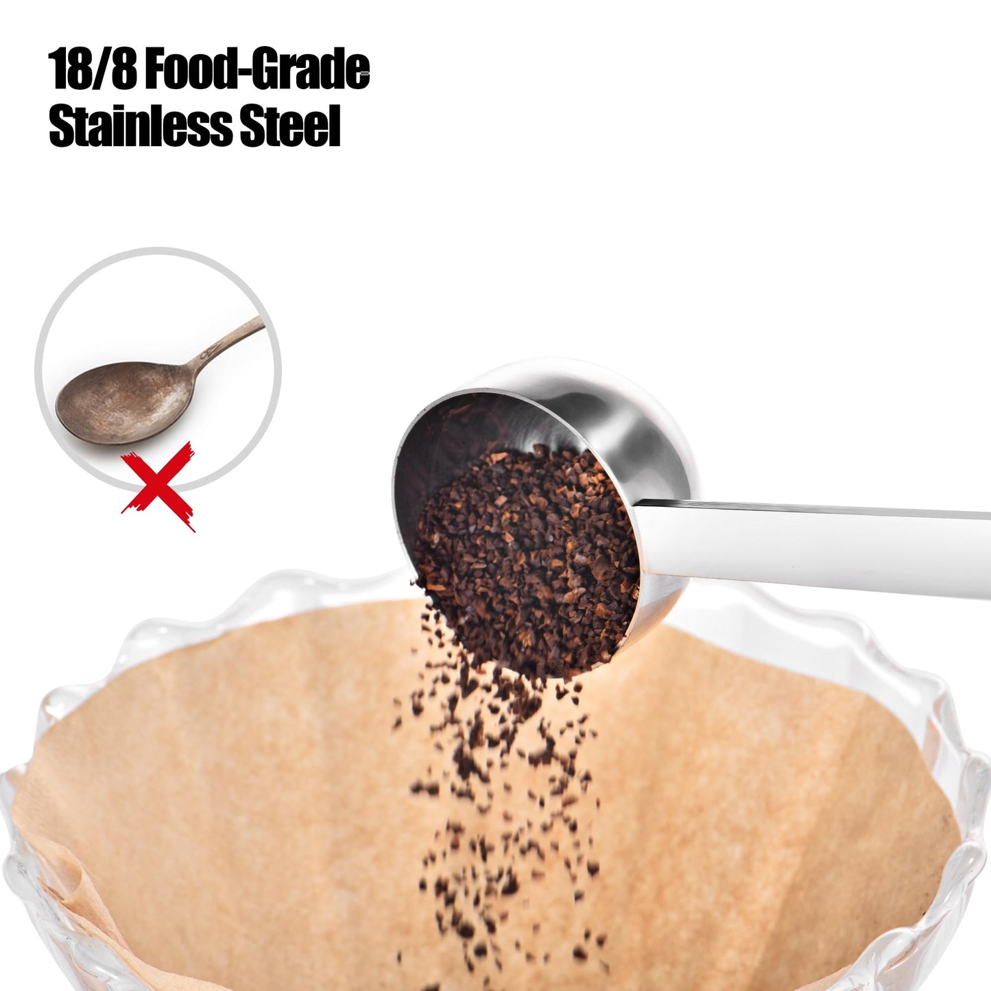 18/8 Stainless Steel Coffee Scoop, Doosu Food-Grade Metal Measuring Spoon with 8.5in Long Handle, Tablespoon Scooper for Coffee Beans, Ground Coffee, Espresso, Protein Powders, Tea, Sugar (1 Tbsp)