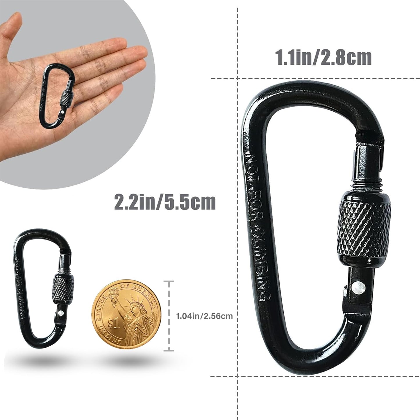 YUCHIYA 8 Pack D-Shape Carabiner Clasp with Screw Gate, 2.2 Inch Mini Keychain Clip Key Chain Buckle, Aluminum Alloy Keyrings Hook for Outdoor Hiking not for Climbing (D with Screw, Black)