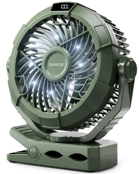 Gaiatop Portable Camping Fan with LED Lantern, 360°Rotation and Clip on for Desk, 4000mAh USB Rechargeable Battery Powered, Digital Display and Hanging Hook for Tent Outdoor Travel Bedroom Green