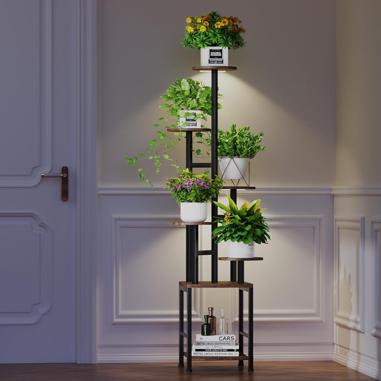 Homsorout Plant Stand Indoor with Grow Light,6-Tiered Tall Plant Stand Indoor, Metal Plant Shelf with Adjustable Light, Ideal for Living Room, Garden, Patio (Black Brown)