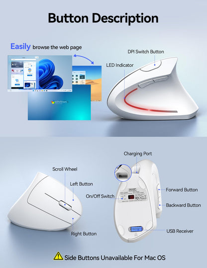 TECKNET Ergonomic Mouse, Rechargeable Vertical Ergo Mouse Wireless 800-4800 Levels 5 Adjustable DPI, Silent 2.4GHz Optical Carpal Tunnel Mouse for Right Hand, USB Wireless Mice for Laptop, PC
