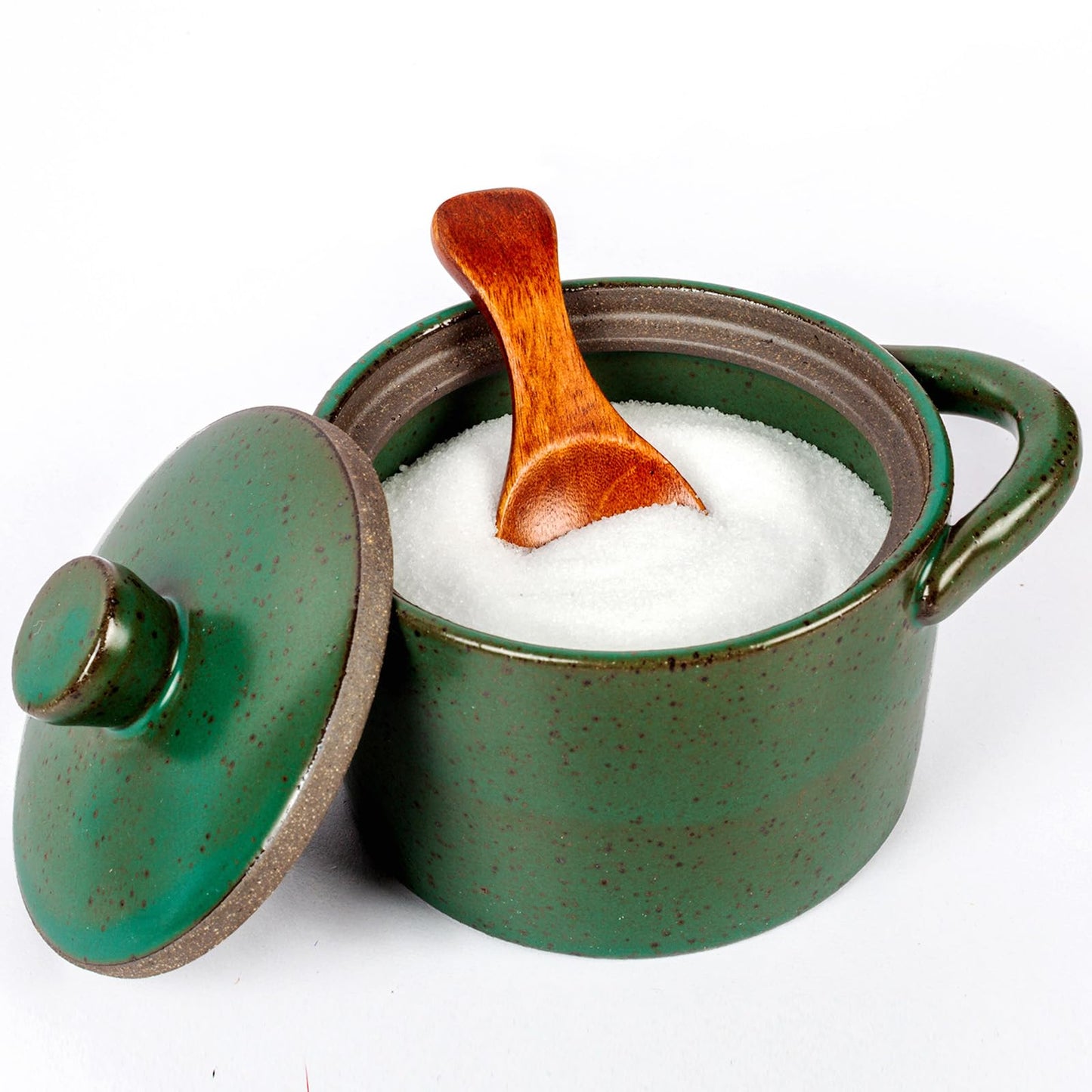 Sanbege Speckled Ceramic Salt Cellar with Lid and Wooden Spoon, Rustic Spice Jar, Farmhouse Sugar Bowl for Sea Salt, Sugar, Spice and Kitchen Decor (Green)
