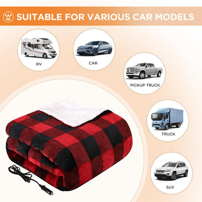 Westinghouse Heated Car Blanket, 12-Volt Electric Blanket for Car, Truck, SUV, RV, Portable Heated Throw for Camping, Grey Buffalo Plaid, 59" x 43”