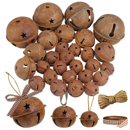Winlyn 28 Pack Rusty Jingle Bells with Star Cutouts Christmas Sleigh Bells Rustic Metal Craft Bells Star Bells with Jute Rope Ribbon for Holiday Season Primitive Country Décor 3 Sizes 1.6" 2.4" 3.5"