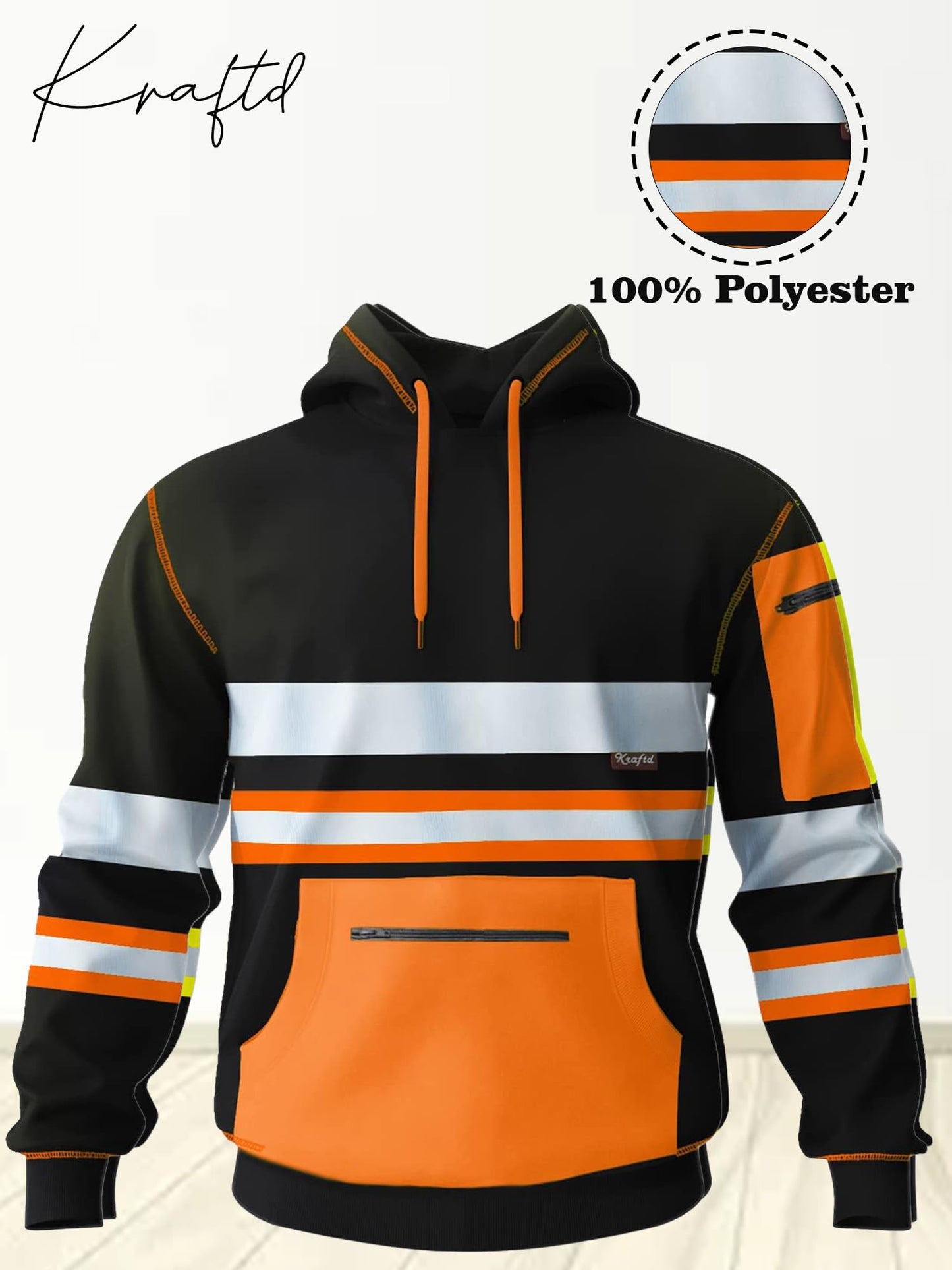 kraftd Mens Hi Vis Hoodie High Viz Hooded Sweatshirt Workwear Hoody With Reflective Tape