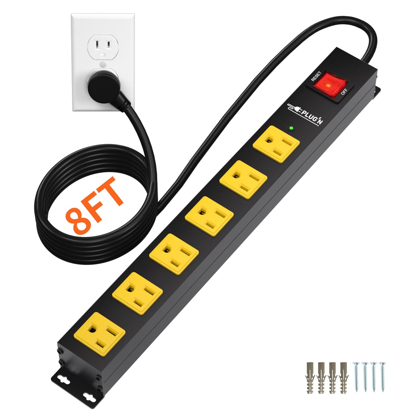 Power Strip 2700J Surge Protector, 6 Outlet Heavy Duty Power Strips with Flat Plug and 6FT Long Cord, Wall Mountable Metal Outlet Strip for Desk, Garage, Workbench and Kitchen