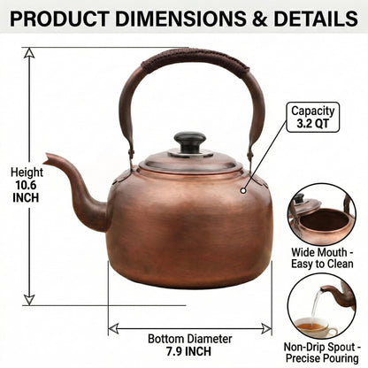 wloadry Copper Whistling Tea Kettle, Large Capacity with Cool-Touch Rope Handle,thicker Solid Copper Pot for Induction, Gas, Electric Stovetops, Fast Boiling Vintage Tea Maker (Bronze, 3.2 QT)