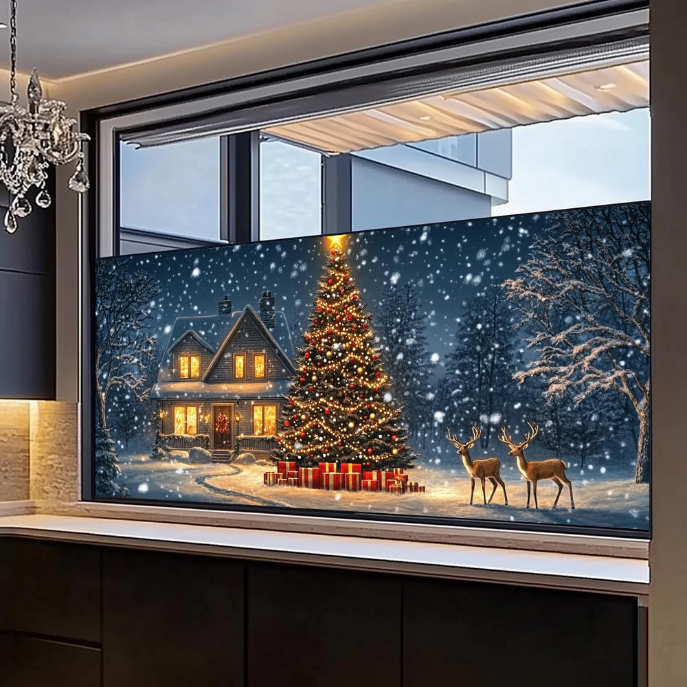 WDESYADMS Window Film 39X17 Inch PVC Winter Christmas Tree House Scene Decorative Window Film for Seasonal Privacy and Holiday Glass Decoration