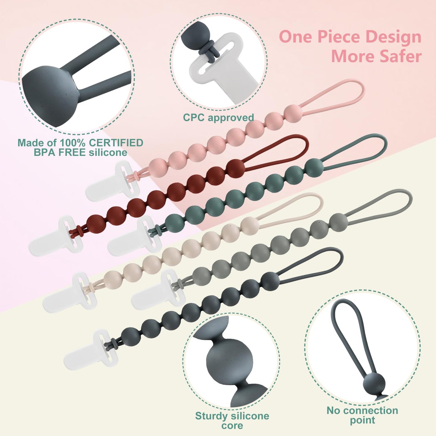 6-Pack Silicone Pacifier Clips for Babies, Safe Teething Beads, Rust-Free Holders, Baby Boy and Girl Essentials, Newborn Must-Have Accessories, BPA-Free