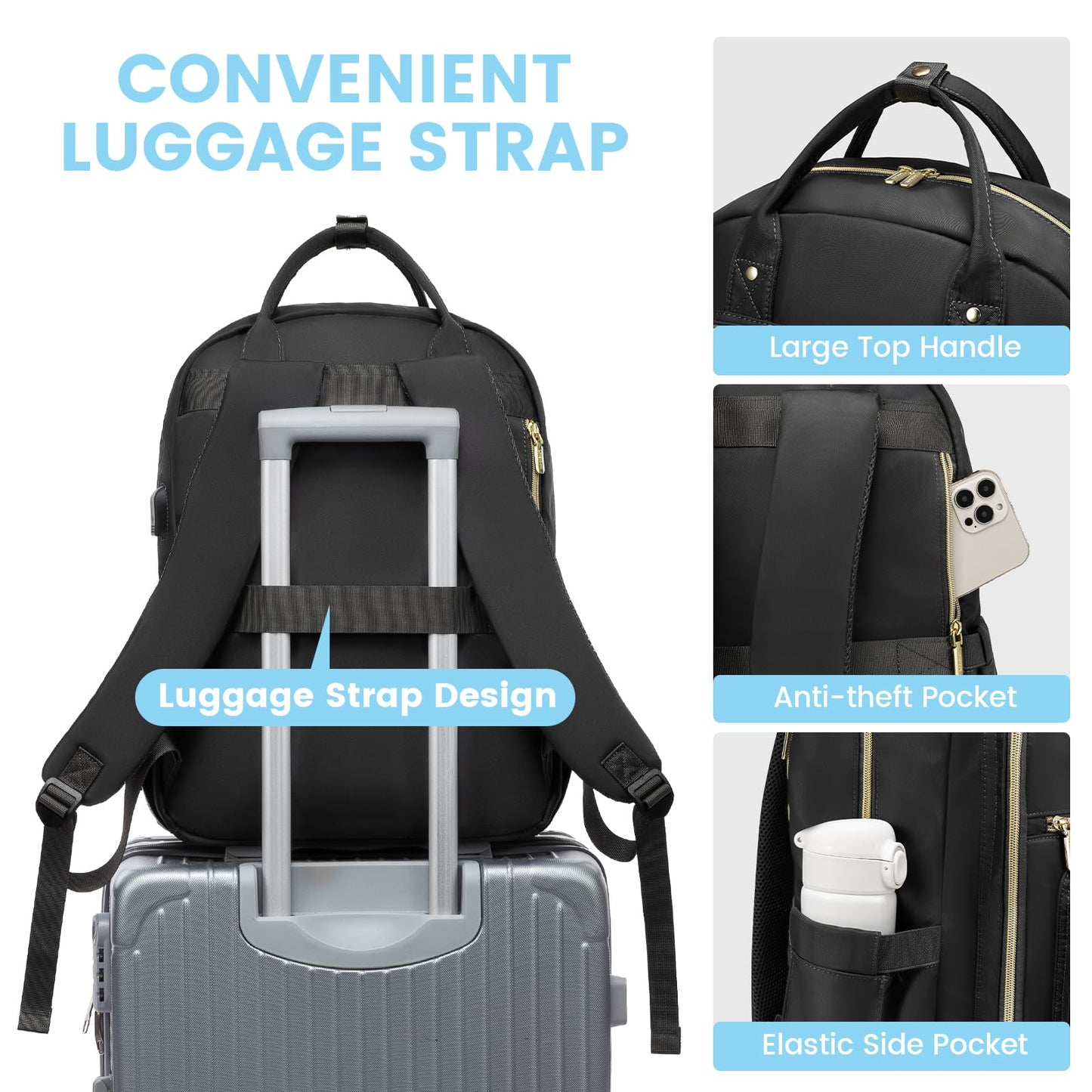LOVEVOOK Laptop Backpack Women 15.6 Inch, Backpacks Womens, Rucksack Bag for School College Work Travel University, Ladies Lightweight Commuter Bags with USB Charging Port, Black