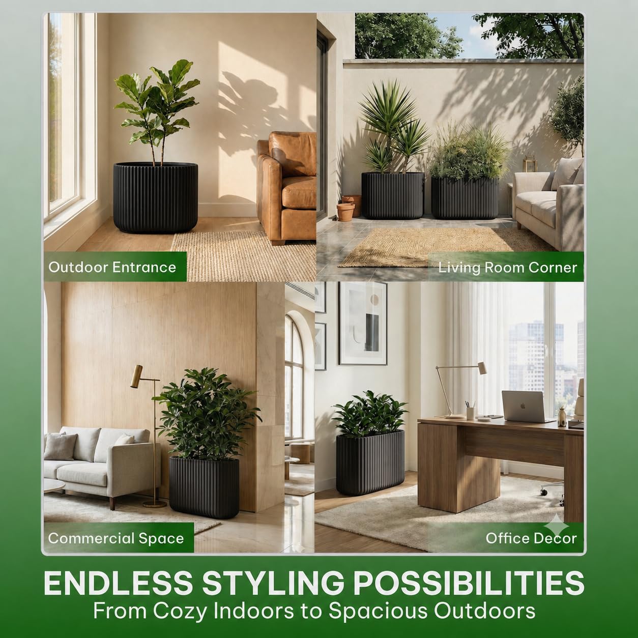 Wil & Vic 89s 15" H x 24" L Sirius Fiberglass Planter, Round Indoor and Outdoor Plant Pot with Drainage Hole, Lightweight, Durable Minimalist Home, Included Extra Coco Mats, Black