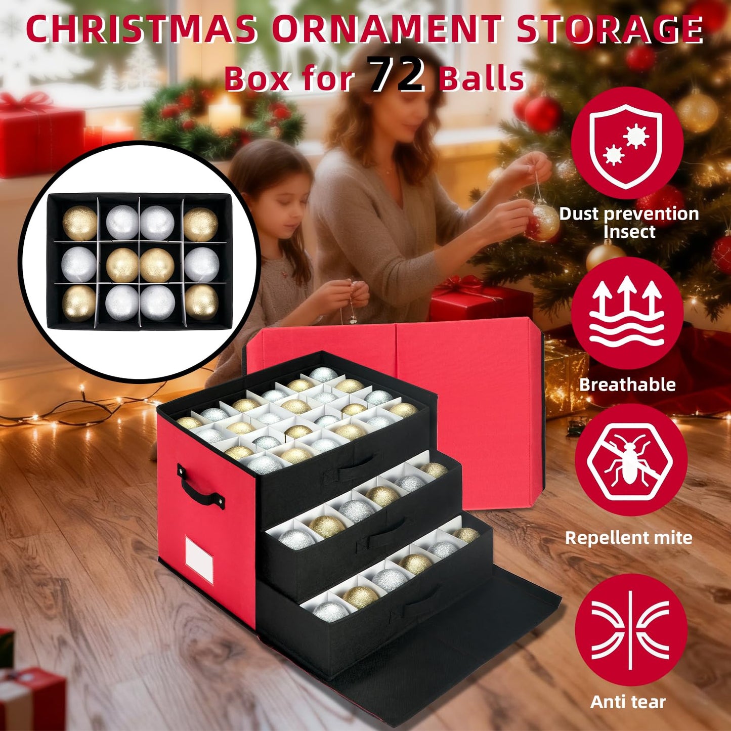 DIMESHY Large Christmas Ornament Storage Box With Adjustable Dividers,Ornament Storage Container with 3 Removable Trays for 72 Holiday Decorations,Red