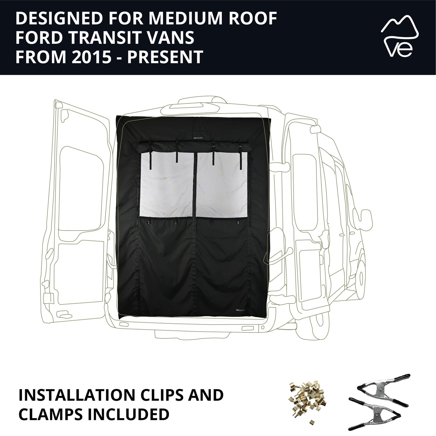 VanEssential Medium ROOF Rear Door Bug Screen Designed for Ford Transit - Center Zipper Closure
