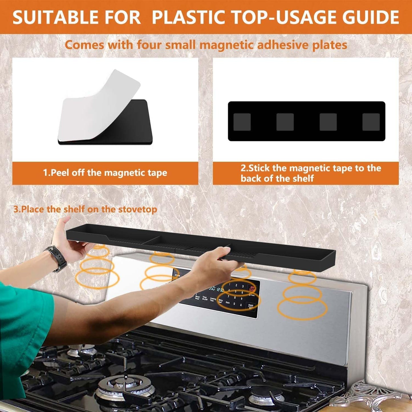 AWOKE Stove Top Shelf 30 Inch - Silicone Material Magnetic Shelf for Stove - 3 Functional Partitions Kitchen Spice Rack Organizer-Black,Kitchen Gadgets Storage Organization