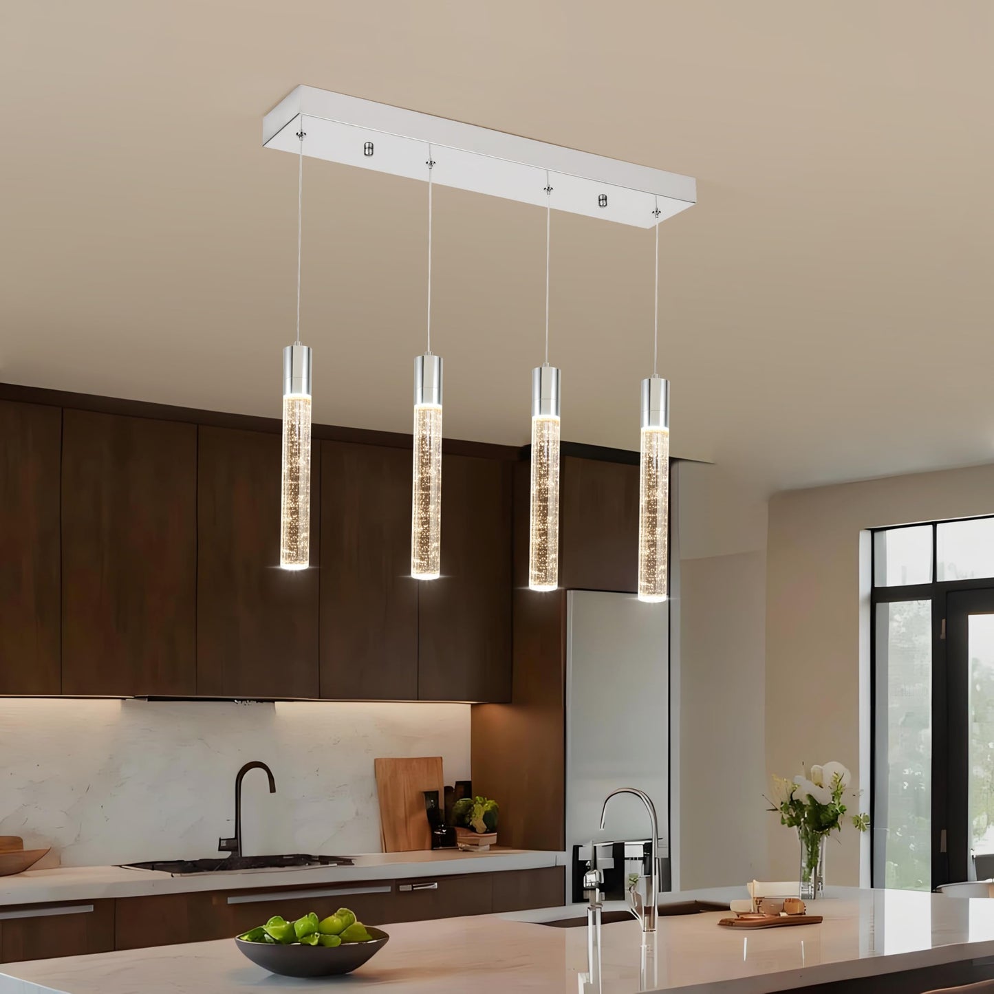 votag 4 Light Pendant Lights Kitchen Island, Modern Chrome Crystal Pendants with Dimmable 3000K-6000K LED Ceiling Hanging Light Fixture for Dining Room Bedroom, Adjustable Height 59"