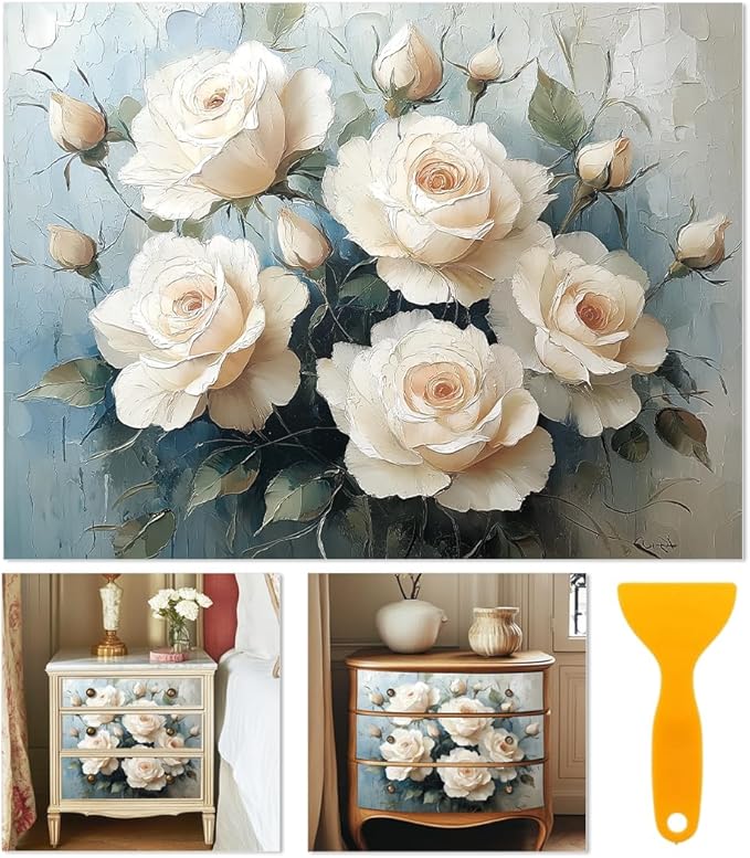 6 Sheets Large White Roses Rub on Transfers