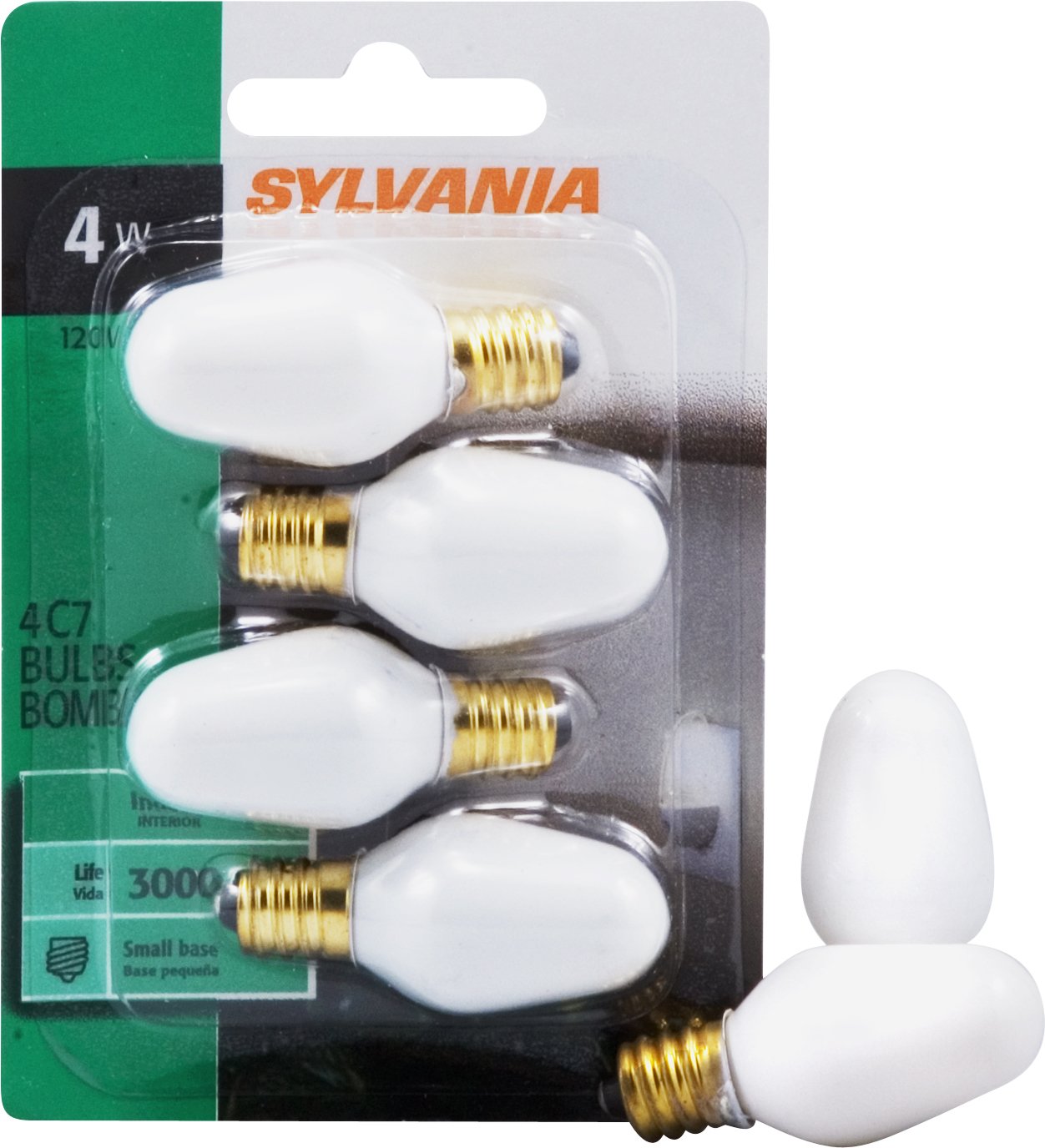 SYLVANIA Incandescent 7W C7 Night Light Bulb, E12 Candelabra Base, 40 Lumens, Clear Finish, 2850K, Warm White - (13545), 4 Count (Pack of 1)