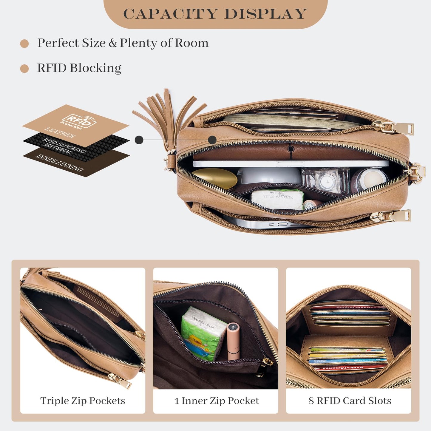 Roulens Triple Zip Small Crossbody Bag for women,Wide Strap Cell Phone Purse Shoulder Handbag Wallet with Credit Card Slots