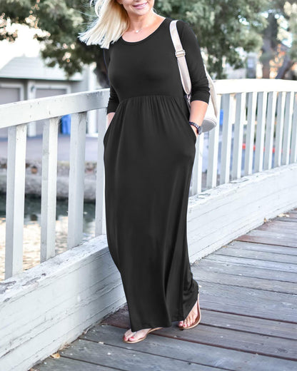 WNEEDU Women's 3/4 Sleeve Loose Casual Long Maxi Dresses with Pockets,Large,Solid Black