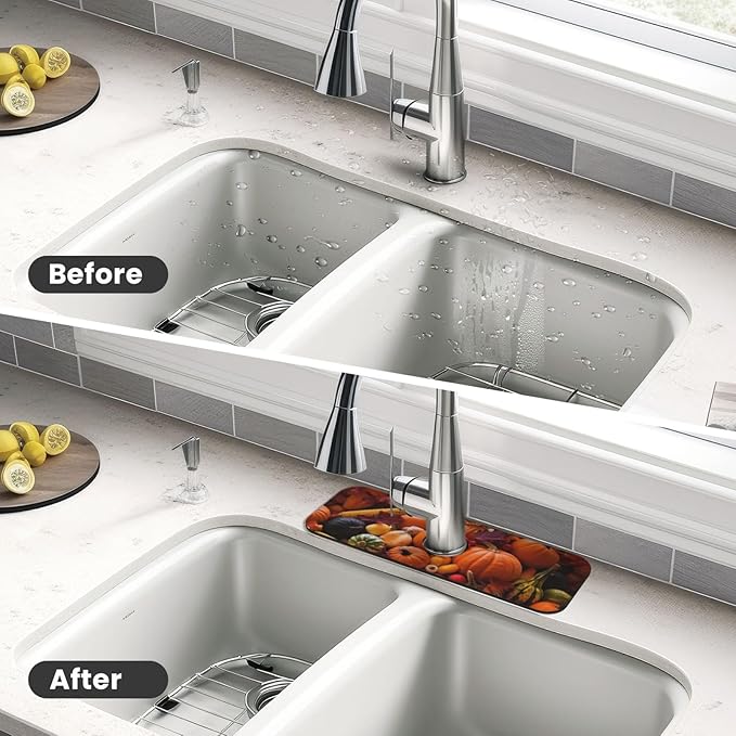Kitchen Sink Splash Guard Faucet Mat Autumn Fall Pumpkin 15"x5.5", Diatom Mat